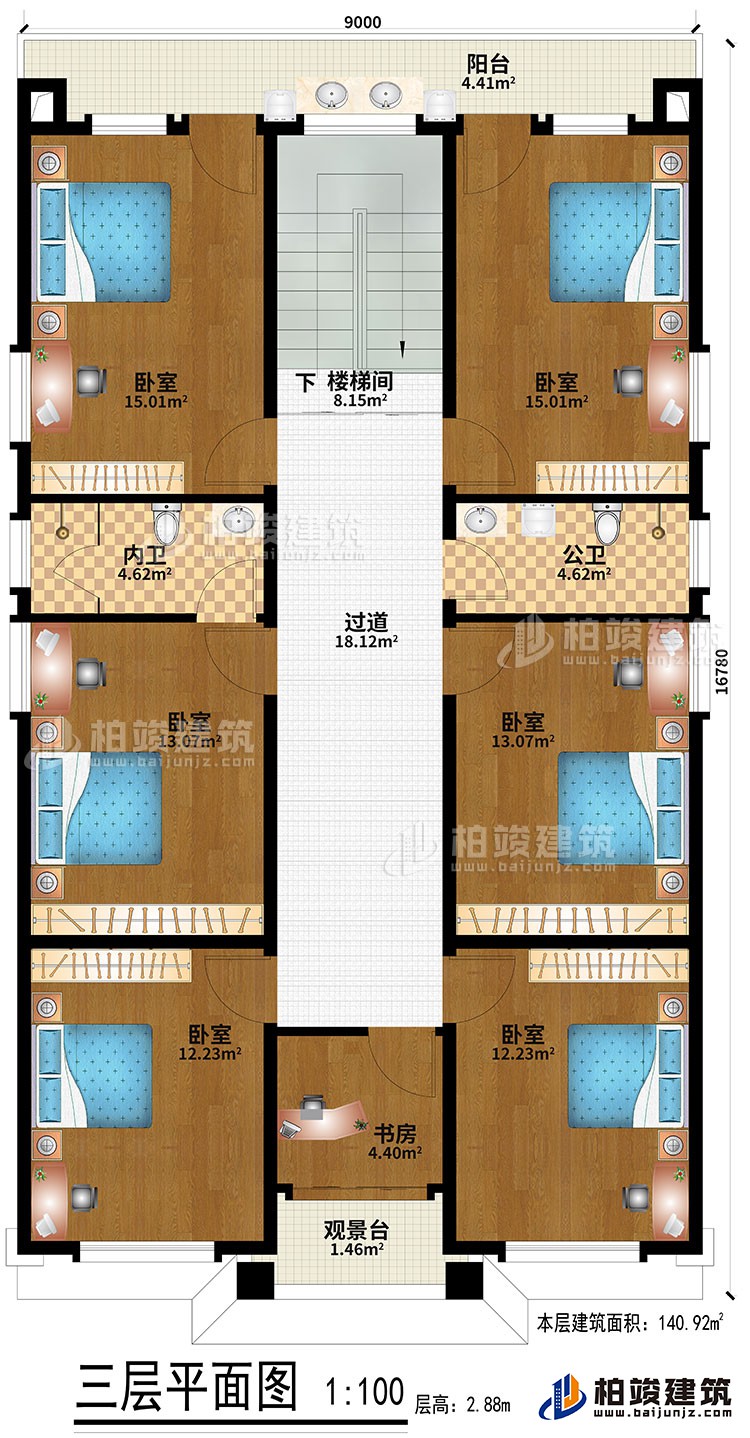 三层：6卧室、过道、楼梯间、书房、观景台、公卫、内卫、阳台