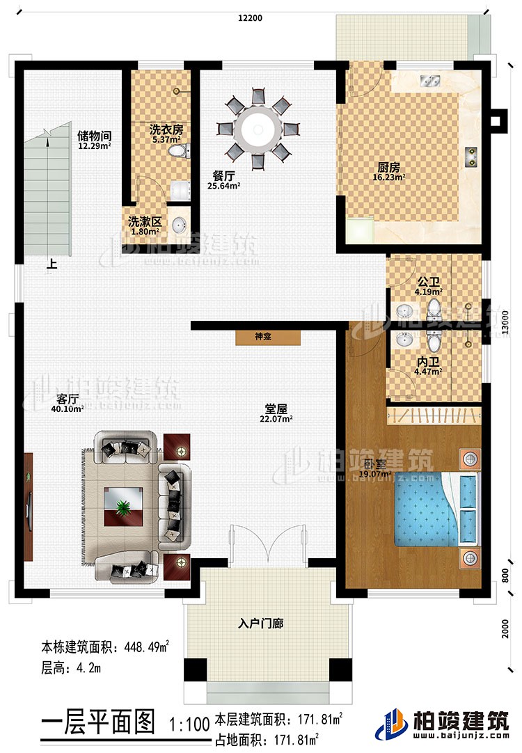 一层：入户门廊、堂屋、神龛、客厅、餐厅、厨房、卧室、公卫、内卫、洗漱区、洗衣房、储物间